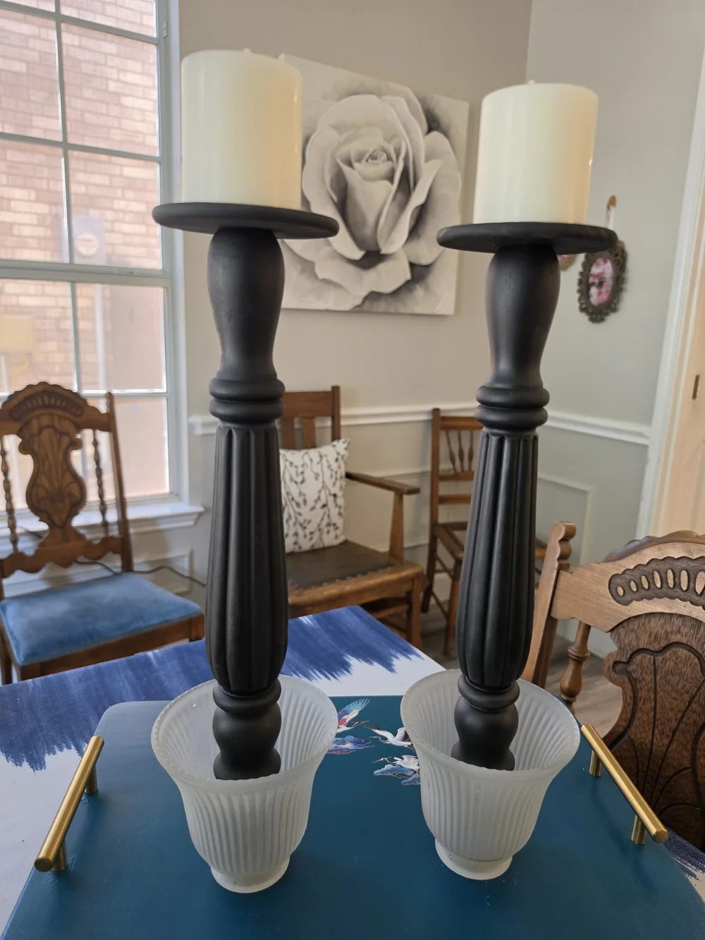 Pair Tall Black Wood Candlestick Holders White Ribbed Glass Hurricane Shades
